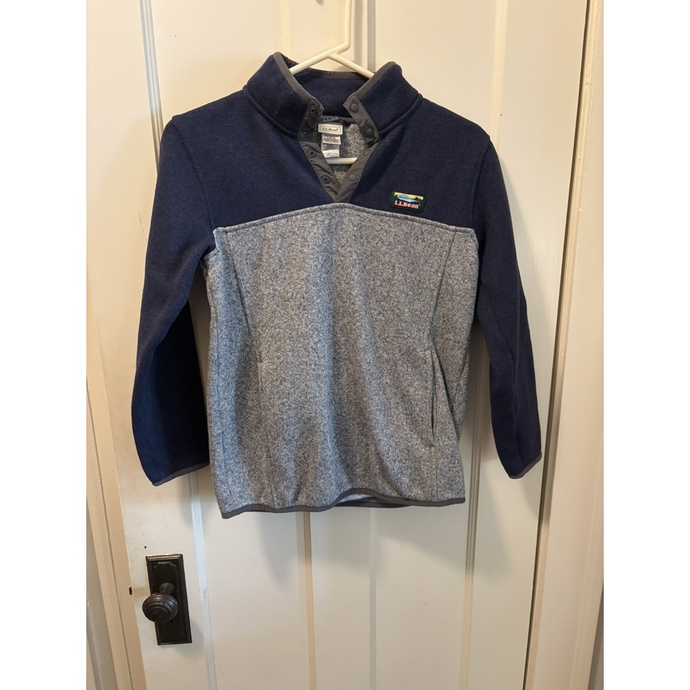 LL Bean Kids Sweater‎ Fleece Pullover Navy Gray Snap Neck L 14-16 501664
